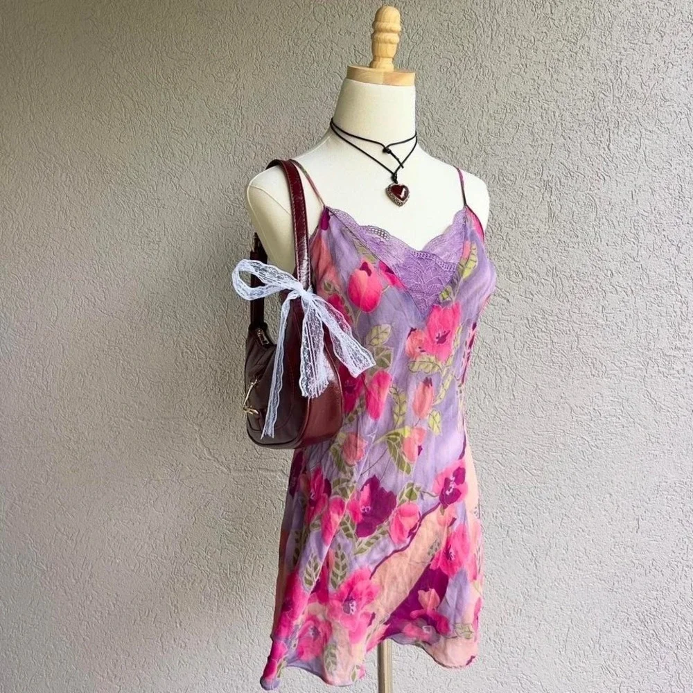 Vtg Y2K 2001 Victoria's Secret 100% Silk Slip Dress Purple Floral Lingerie - Picture 3 of 8